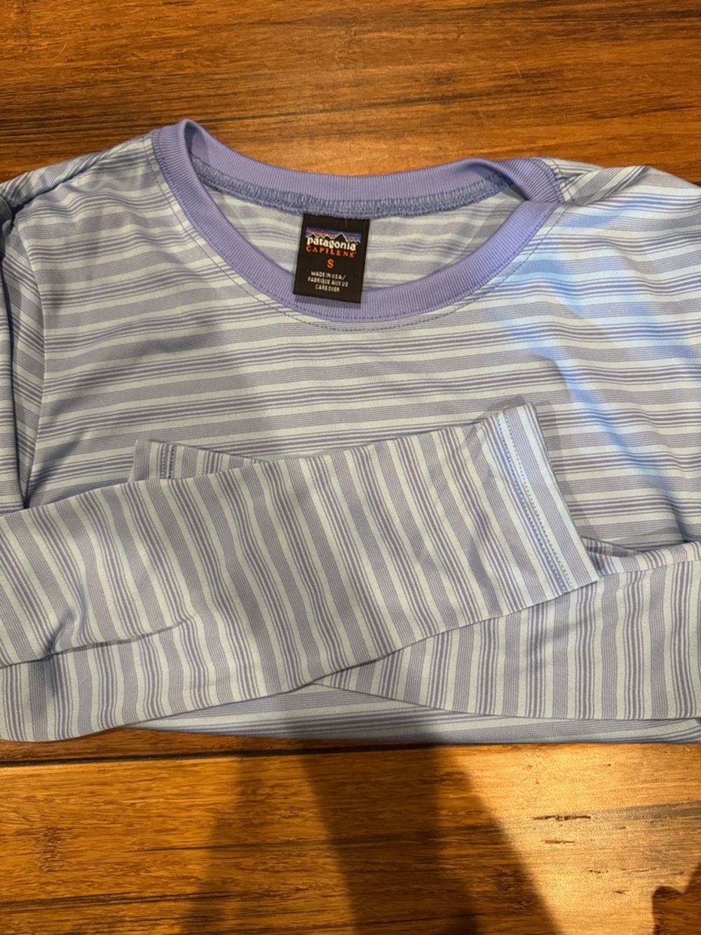 Patagonia Lavender and Light Blue Striped Long Sleeve Crew